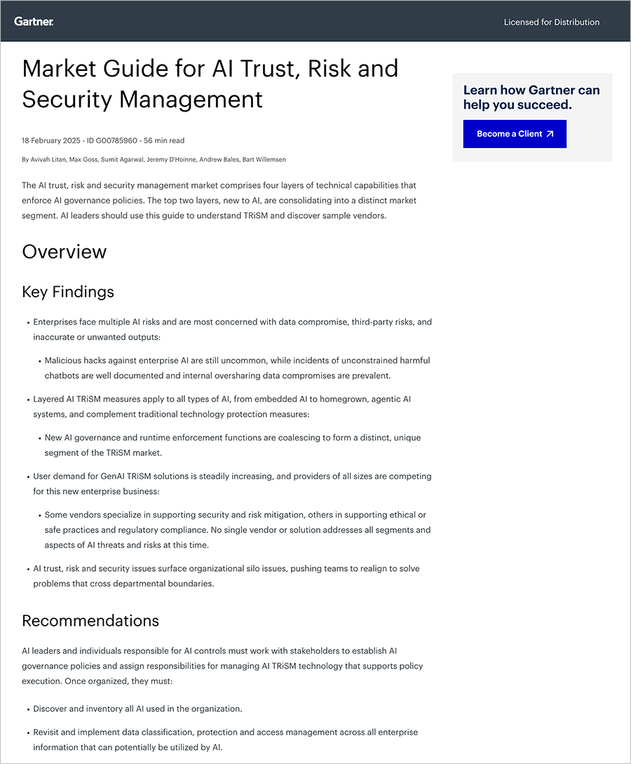 Gartner-Marktleitfaden für AI Trust sowie Risiko- und Sicherheitsmanagement.